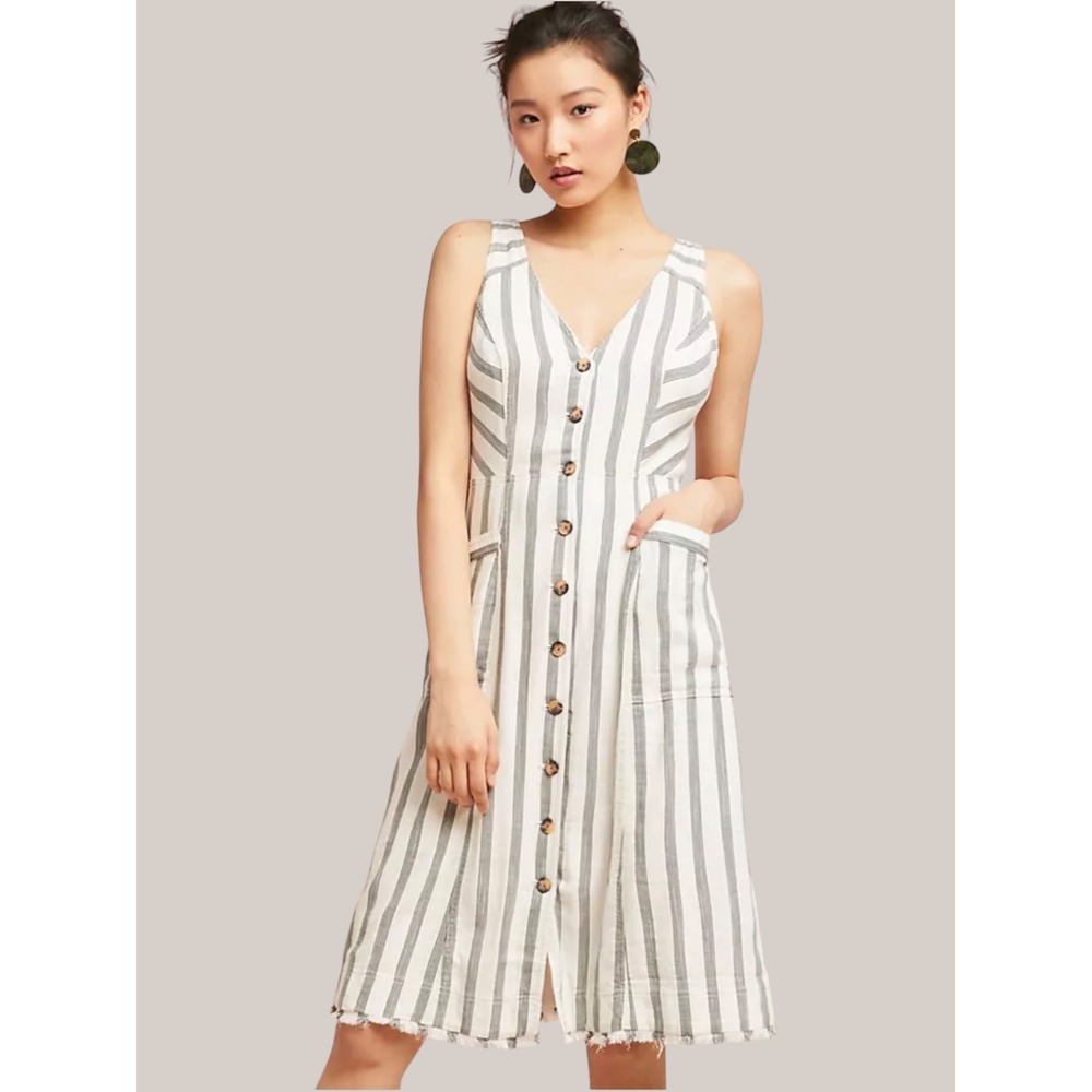 Maeve by Anthropologie Zelena‎ Striped Midi Shirt Dress Ivory Sleeveless Size 6